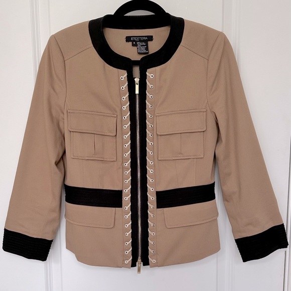 Etcetera Tan Black Gold Metallic Cord Jacket Size 4 Zipper Front Stitchi… - Picture 2 of 4